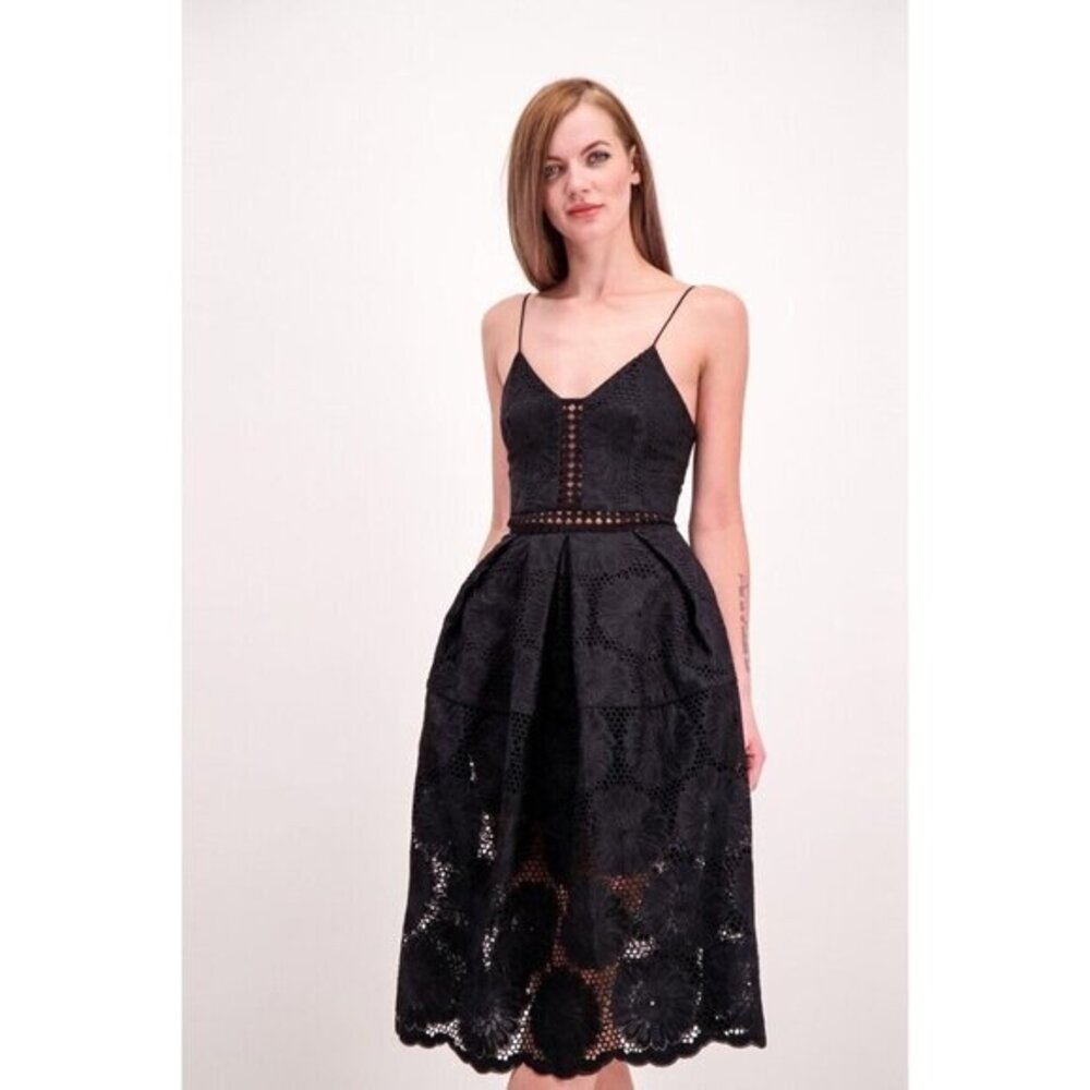Nicholas Black Midi Dress Strappy Embroidered Eyelet Sunflower Sz 0 NWT $695